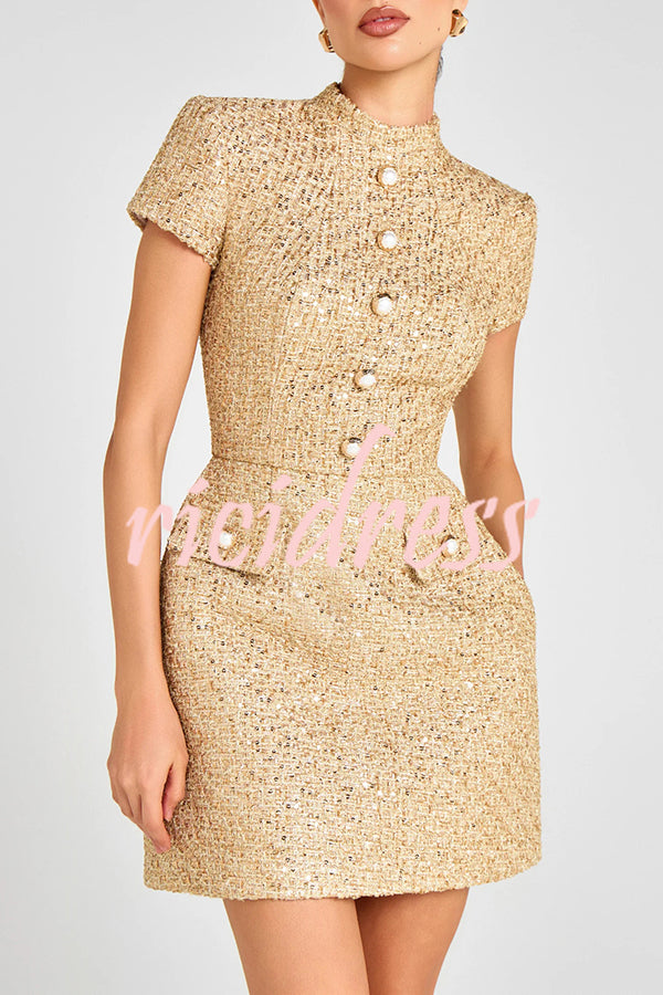 Gold Standard Tweed Fabric Pearl Button Short Sleeve Pocketed Mini Dress