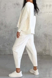 Solid Color Crew Neck Long-sleeved Irregular Loose Top and Elastic Waist Pocket Casual Pants Set
