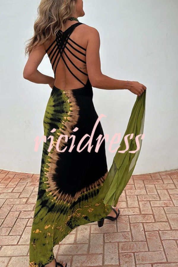 Summer Adventures Tie-dye Print Back Lace-up Stretch Maxi Dress