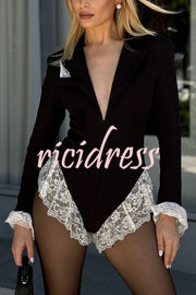 Full of Design Lace Trim Long Sleeve Lapel Blazer Romper