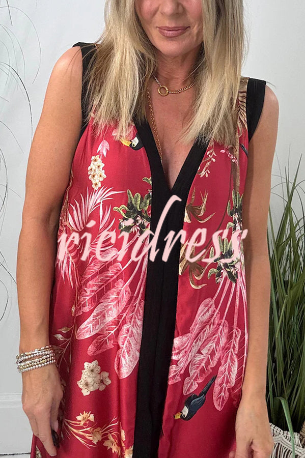 Vanna Unique Tropical Print Black Patchwork Detail A-line Maxi Dress