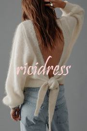 Chunky Season Knit Mohair-blend Long Sleeve Open Back Knot Design Loose Sweater