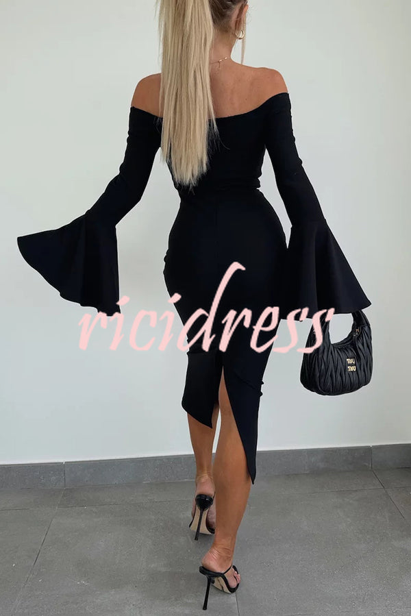 Solid Color Sexy Off-shoulder Trumpet Sleeve Slim Midi Dress