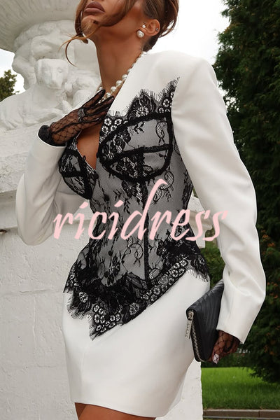 Saela Contrast Lace Corset Design V-neck Long Sleeve Tulip Mini Dress