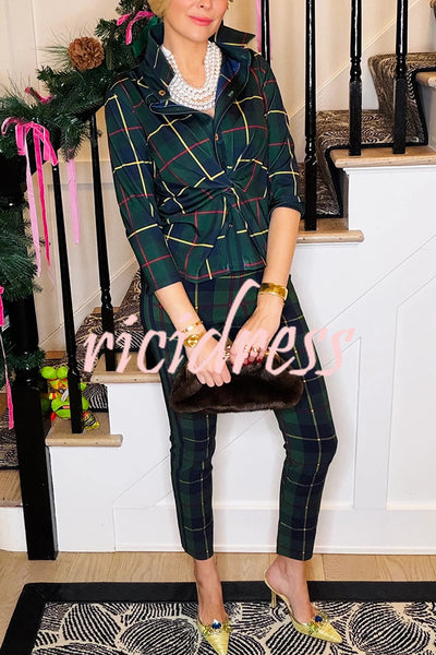 Embrace The Festival Plaid Twist Half Sleeve Shirt and Elastic Waist Pencil Pants Set