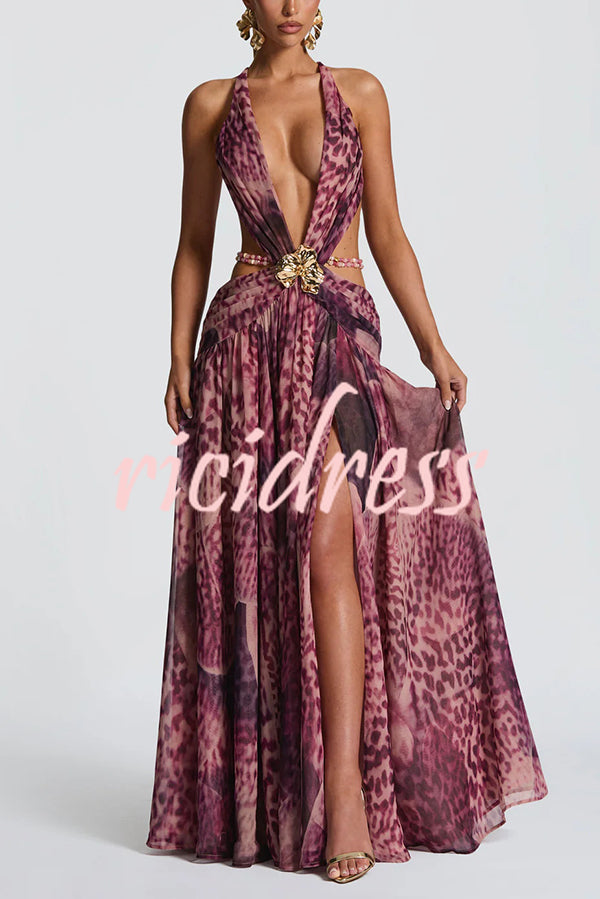 Kinara Leopard Print Deep V-neck Metal Flower Hollow Beads Detail Slit Maxi Dress