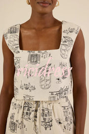 Maeve Linen Blend Unique Print Square Neck Tank and Elastic Waist Pocket Loose Pants Set