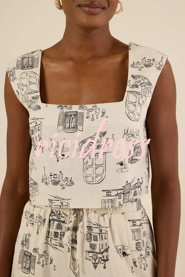 Maeve Linen Blend Unique Print Square Neck Tank and Elastic Waist Pocket Loose Pants Set