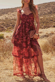 Romantic and Elegant Mesh Floral Back Smocked Tiered Ruffle Maxi Dress