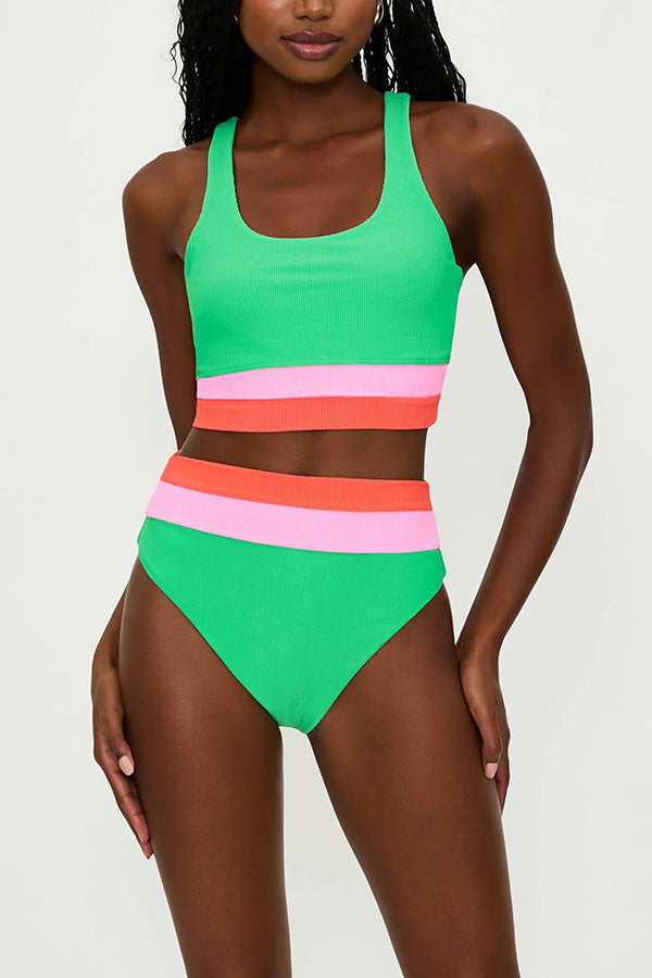 Zephyra Ribbed Color Block Tank High Rise Stretch Bikini Swimsuit