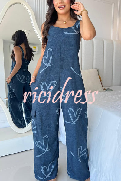 Fashion Cartoon Print Loose Round Neck Back Pleated Casual Pocket Wide Leg Jumpsuit