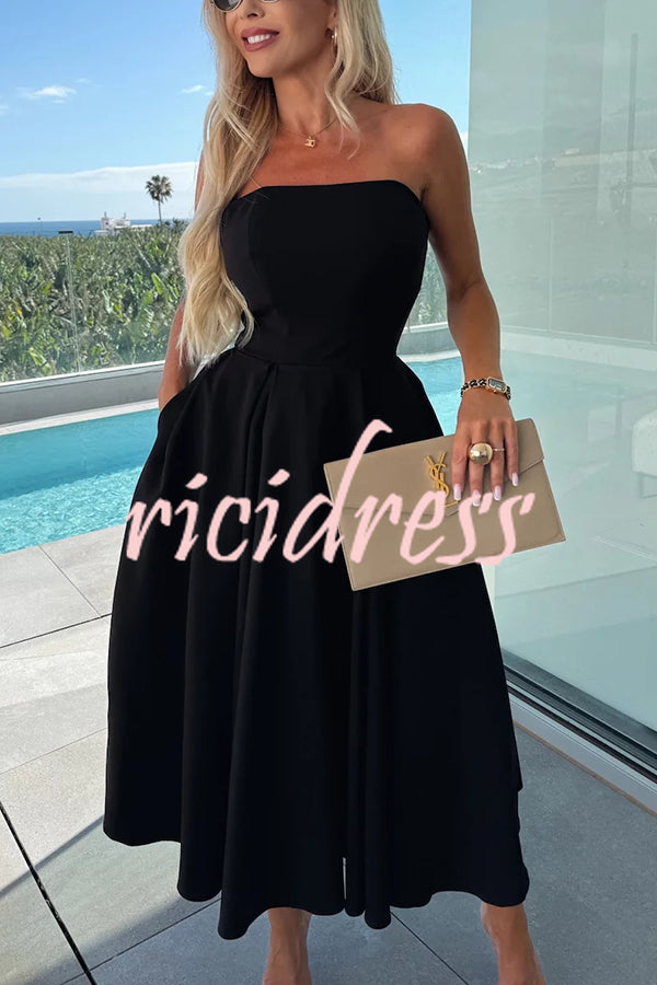 Sweet Cascade Solid Color Off Shoulder Pocket Full Hem Midi Dress