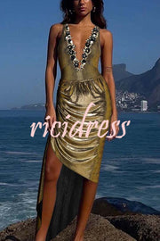 Solid Color Shiny Fabric Deep V Metal Embellished Stretch One-piece Swimsuit