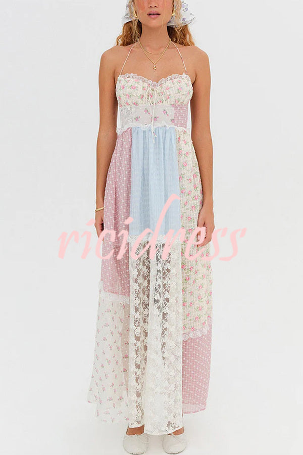 Floral Lace Sexy Halterneck Backless Patchwork Maxi Dress