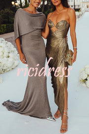Amisha Metallic Pleated Shell Cups Hollow Gold Pendant Strapless Drape Slit Maxi Dress