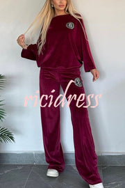 Solid Color Velvet Round Neck Bat Sleeve Casual Top and Elastic Waist Loose Pocket Pants Set