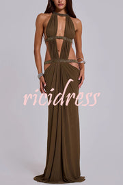 Khaki Hot-fix Rhinestone Shoulder Strap Cutout Design Backless Drape Maxi Dress