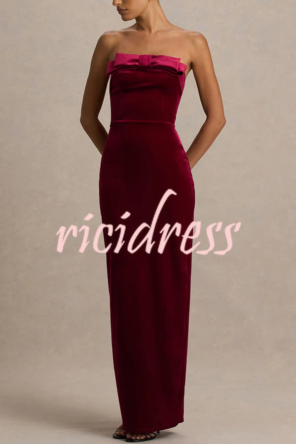 Illusion Velvet Bandeau neck Bow detail Stretch Maxi Dress