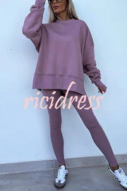 Solid Color Loose Long Sleeve SlitSweatshirt and Elastic Waist Tight Pants Set