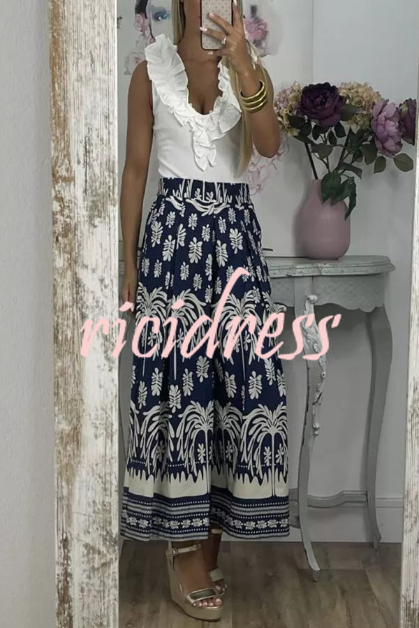 Unique Print Elastic Waist Loose Pocket Holiday Wide Leg Pants