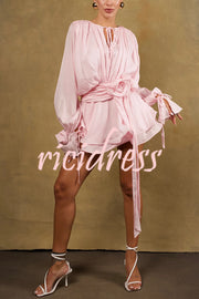 Solid Color Long Sleeve V-Neck Lace-Up Elegant Flower Decorated Mini Dress