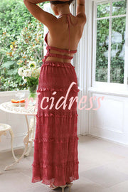 Feel Chic and Romantic Sequin Textured Material Back Elastic Halter Tie Tank and Drawstring Waist Tiered Maxi Skirt Set