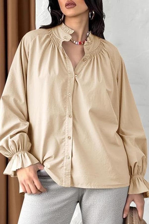 Solid Color V-neck Ruffled Lantern Sleeve Loose Casual Shirt