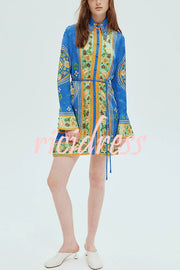 Katia Satin Unique Print Shaped Collar Tie-up Waist Shirt Mini Dress