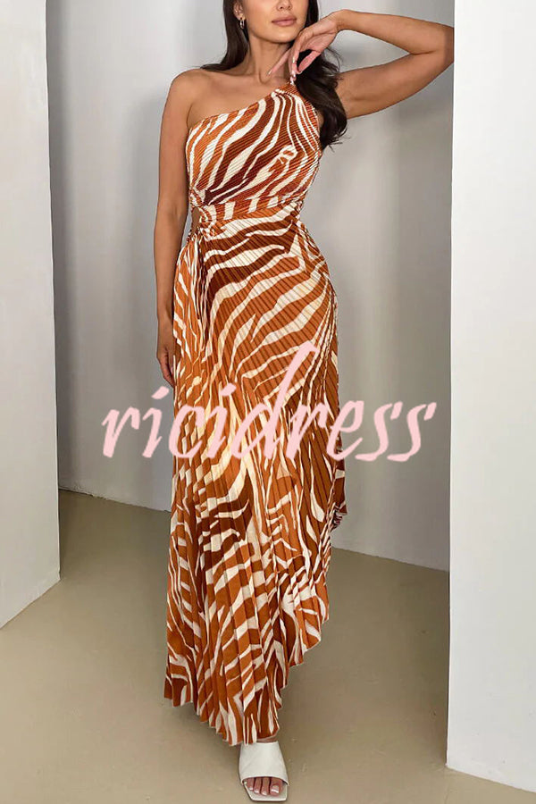 Elora Pleated Zebra Print One Shoulder Drawstring Cutout Maxi Dress