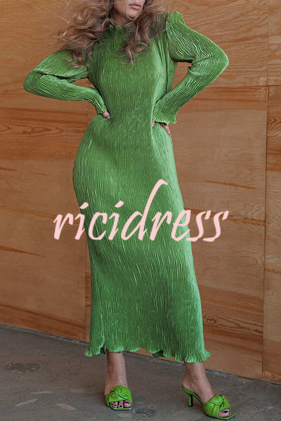 Hansin Satin Pleated Fabric Long Sleeve Wavy Trim H-line Slit Midi Dress