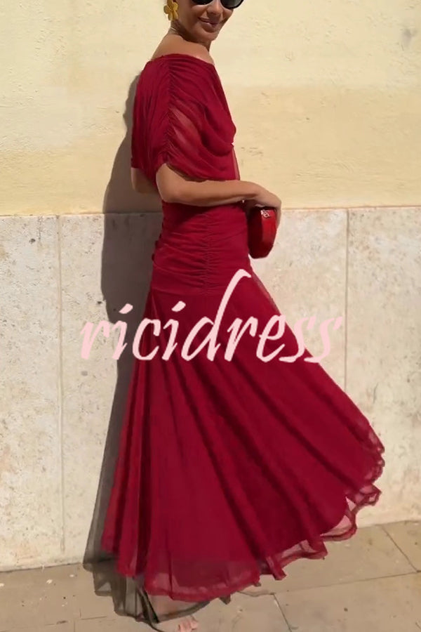 Unique Printed V-Neck Waisted Mesh Holiday Maxi Dress
