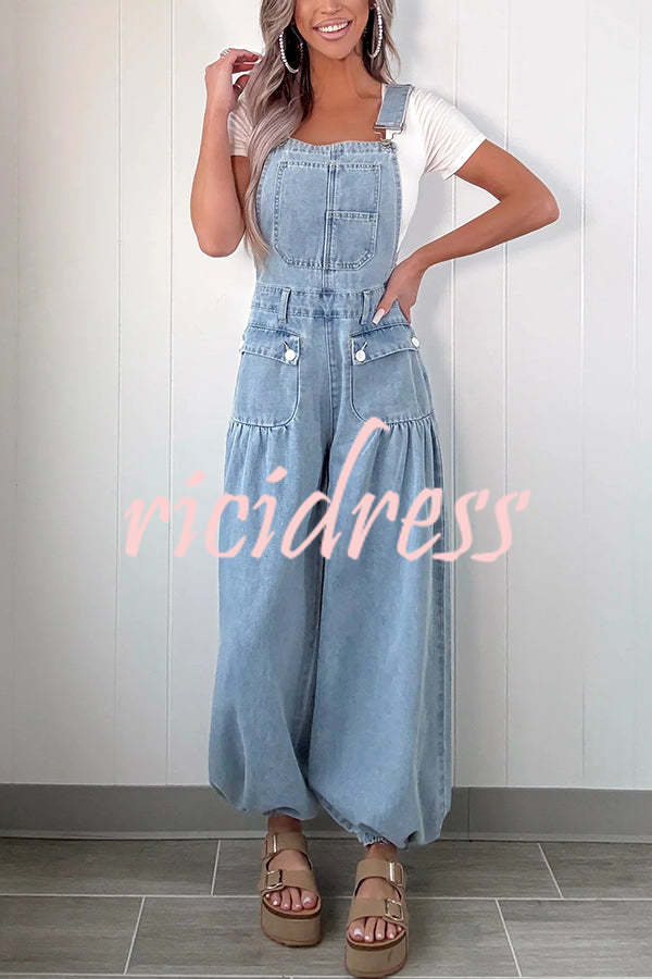 Fashion Casual Pocket Loose Wide-leg Adjustable Leg Cuffs Denim Overalls