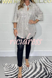 Party Season Solid Color Sequin Button Long Sleeve High Low Shirt