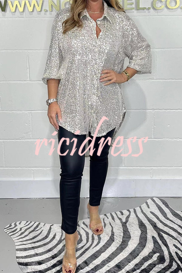 Party Season Solid Color Sequin Button Long Sleeve High Low Shirt