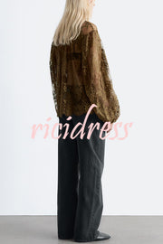 Reigna Semi-sheer Floral Lace Bow Neck Balloon Sleeve Loose Blouse