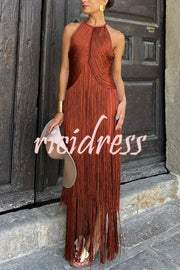 Fashion Sleeveless Halter Neck Elegant Tassel Slim Maxi Dress