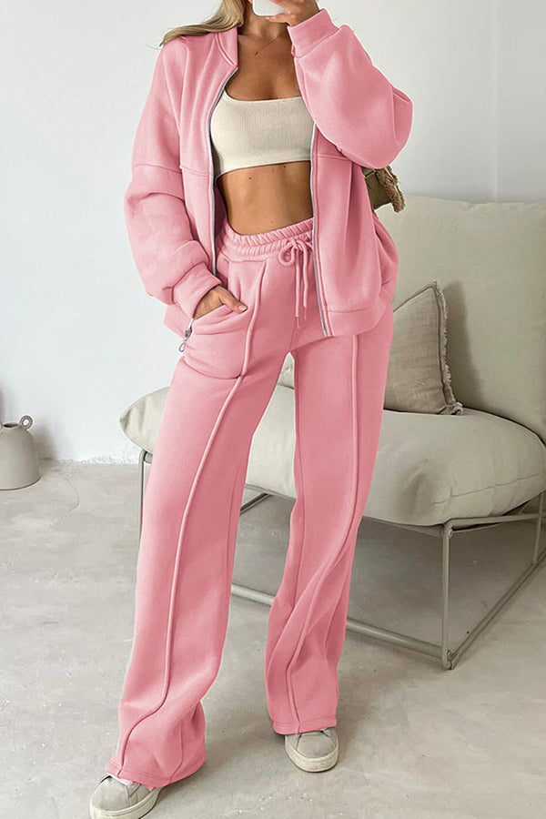 Solid Color Long-sleeved Zip-up Sports Jacket and Casual Elastic Waist Pocket Pants Set