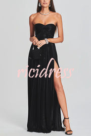 Metallic Sexy Tube Top Pleated High Slit Maxi Dress