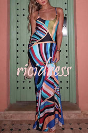 Colorful Elegant Satin Abstract Unique Print Back Lace-up Slip Maxi Dress