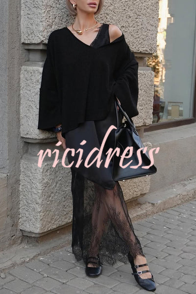 Warm Winter Ribbed Knit V-neck Batwing Sleeve Loose Relaxed Sweater