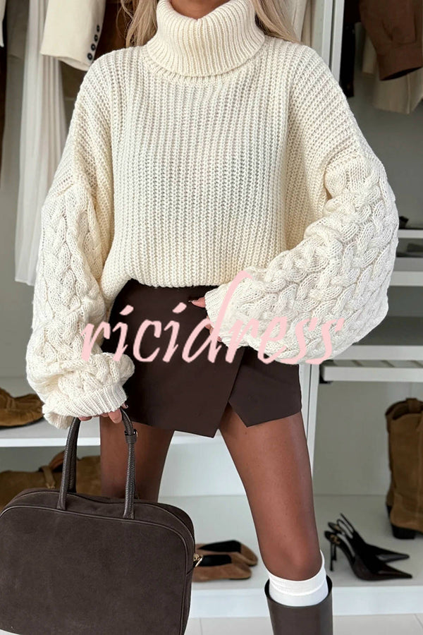 Stylish and Comfortable Ribbed Knit Turtleneck Cable Sleeve Loose Sweater