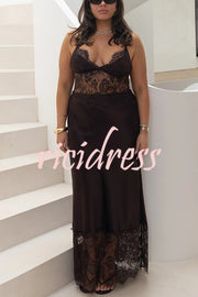 Elegant Evening Satin Lace Patchwork See-through Waist Slip Maxi Dress