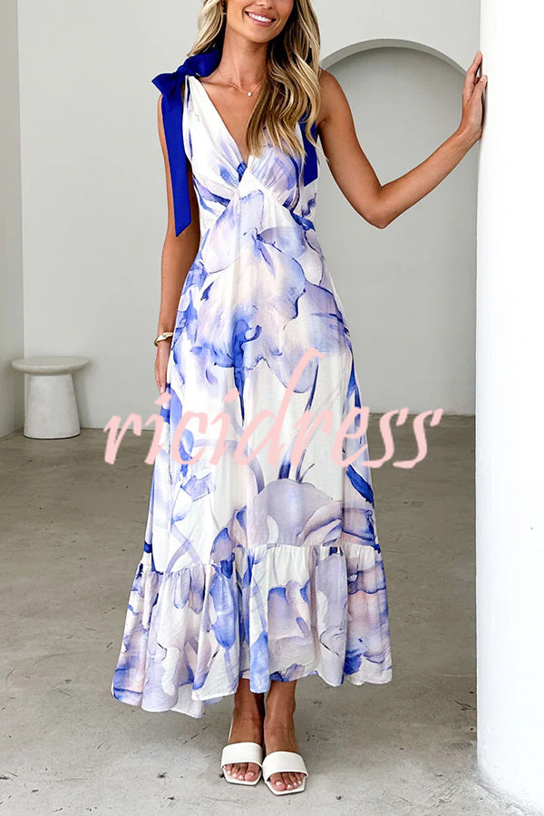 Unique Printed V-neck Sleeveless Lace-up Waist Maxi Dress