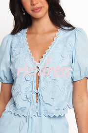 Fashionable V-neck Tie Puff Sleeve Top and Casual Pocket Shorts Set