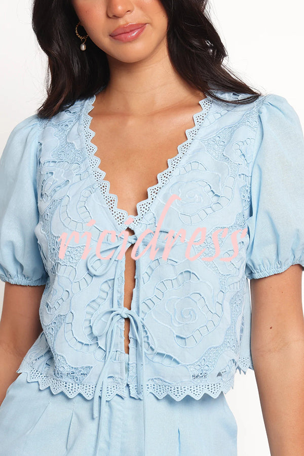 Fashionable V-neck Tie Puff Sleeve Top and Casual Pocket Shorts Set