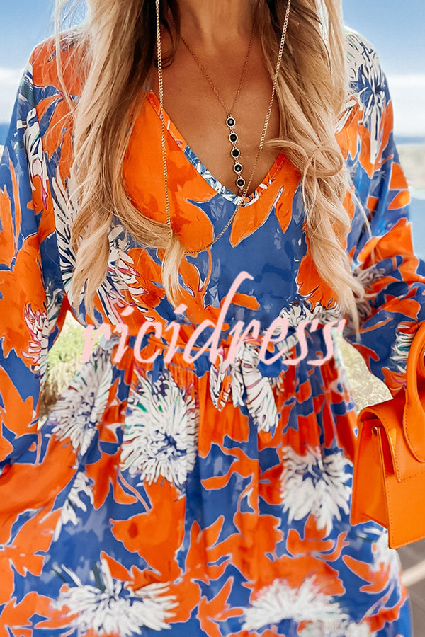 Unique Print V-Neck Long Sleeve Full Hem Holiday Maxi Dress