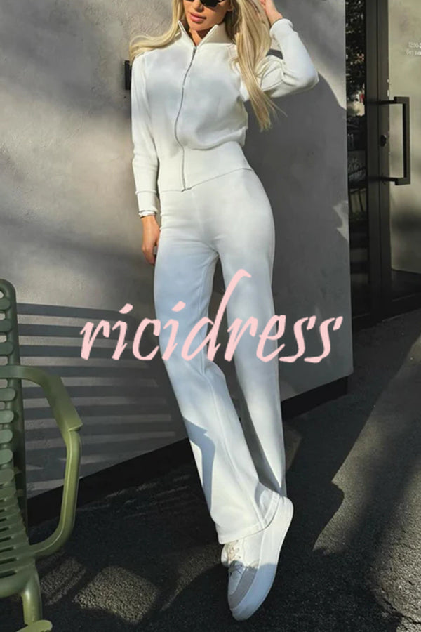 Cozycore Knit Zipper Long Sleeve Cardigan and Stretch Wide Leg Pants Set