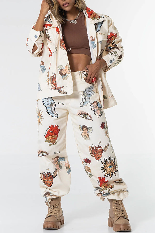 Angel Wings Denim Unique Print Button Up Long Sleeve Pocketed Relaxed Jacket