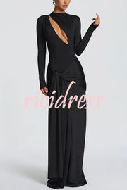 Sexy Cutout Fitted Long-sleeved Pleated Satin Ribbon Maxi Dresses