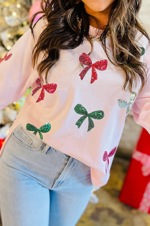 Christmas Sequined Bow Crew Neck Long-sleeved Loose Sweatshirt